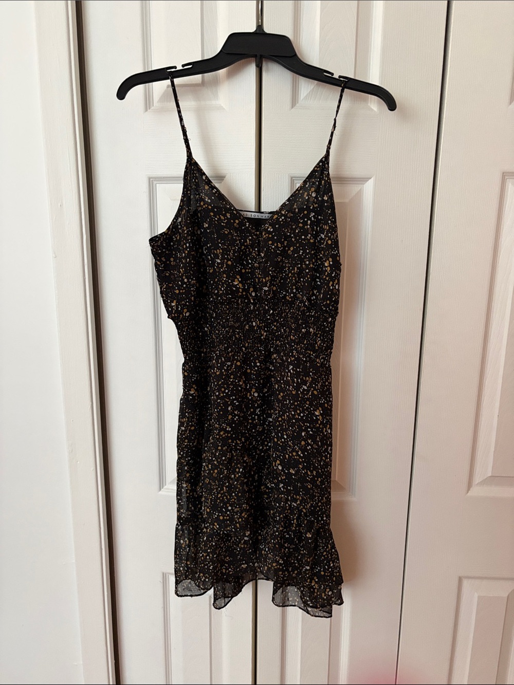 NWT Madison Marcus Black Floral Slip Mini Dress with Ruffle Hem